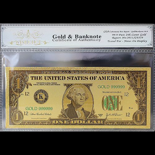100mg 24K Gold 2003 $1 One Dollar Bill Federal Reserve Banknote with White COA