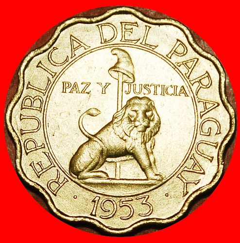 Ⰶ GREAT BRITAIN: PARAGUAY ★ 25 CENTIMOS 1953 LION! UNC MINT LUSTRE!