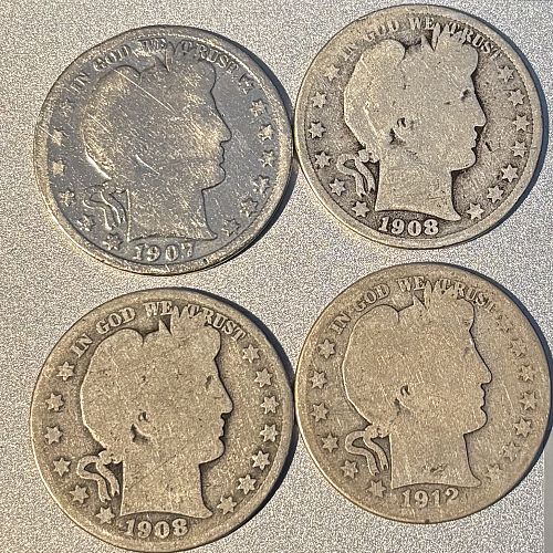 4 Low Grade Barber Halves      Less than Melt