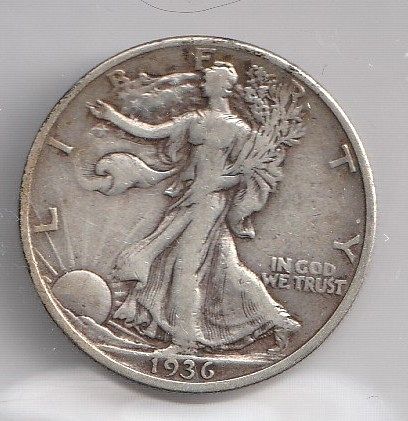 1936-P LIBERTY WALKING HALF DOLLAR 90% SILVER PHOTOGRADE FINE CONDITION.