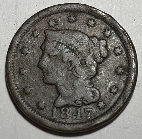1847 P Braided Hair Liberty Head Large Cent