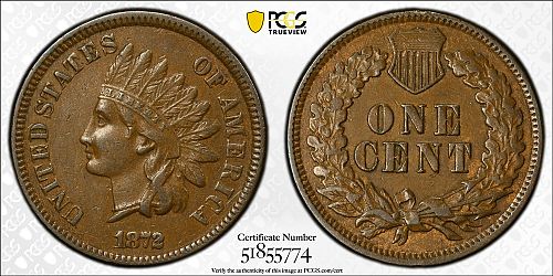 1872 Indian Cent, Snow-5a, Repunched Date, RPD, PCGS AU-50