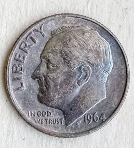 1964 Roosevelt Dime • .900 Silver • Dark Gray/Blue Toning • AU  *r14