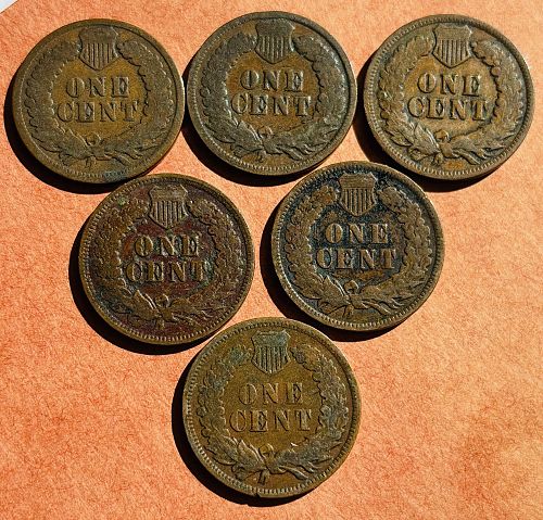 Set of SIX Indian Head Cents - - great starter set