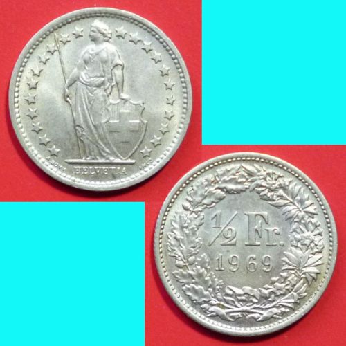 Switzerland Swiss Suisse 1/2 Half Franc 1969 B KM# 2a.1