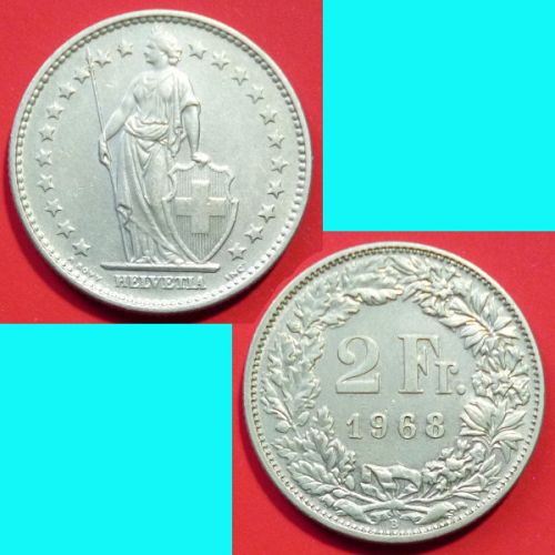 Switzerland Swiss Suisse 2 FrancS 1968 B KM# 21a.1