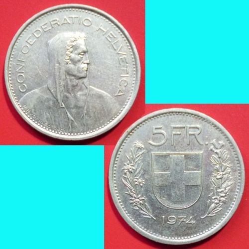 Switzerland Swiss Suisse 5 Francs 1974 B KM# 40a.1