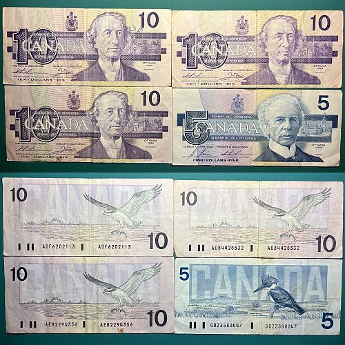 Canadian Currency 3x $10 1989 & 1x $5 1986 Bank Of Canada Notes.