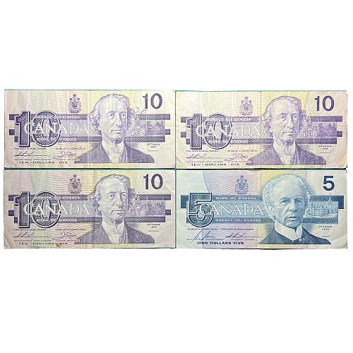 Canadian Currency 3x $10 1989 & 1x $5 1986 Bank Of Canada Notes.