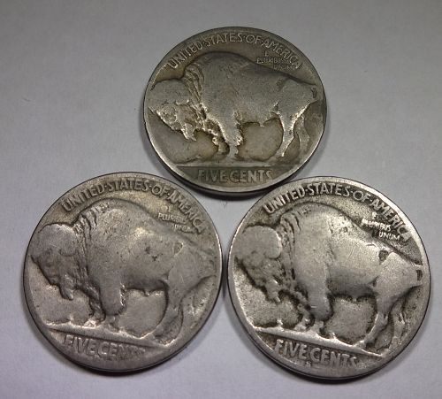 Lot of (3) Buffalo Nickels: 1926-P 1926-D & Rare 1926-S - complete year set