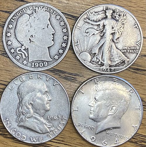 4 silver half dollars 1908-1964 in GOOD-ALMOST UNCIRCULATED condition lot 4E