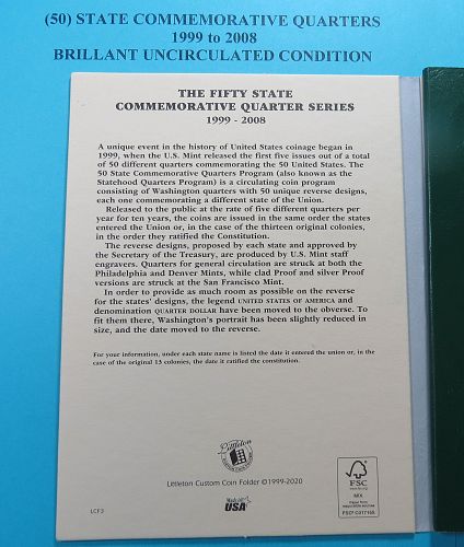 1999-2008 COMPLETE SET OF BRILLIANT UNCIRCULATED STATE QUARTERS (Lot of 50 +2 Obv.)H