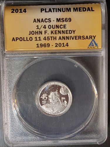 PLATINUM 1/4 Oz JFK Apollo 11 Commem Medal John F Kennedy ANACS MS69 - Top Pop??