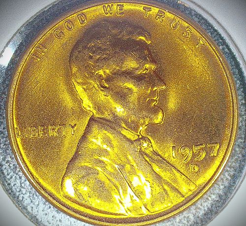 1957 D Lincoln Wheat Cent BU Die Chip Obverse