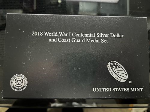 2018 World War I Centennial Silver Dollar And Coast Guard Medal Set W/Case,Box,& COA