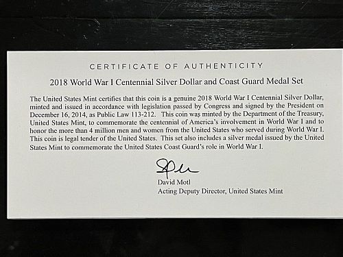 2018 World War I Centennial Silver Dollar And Coast Guard Medal Set W/Case,Box,& COA