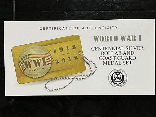 2018 World War I Centennial Silver Dollar And Coast Guard Medal Set W/Case,Box,& COA