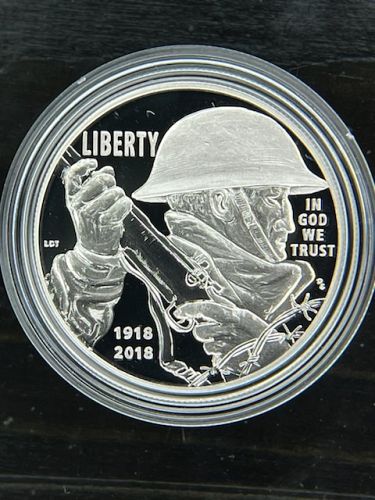 2018 World War I Centennial Silver Dollar And Army Medal Set W/Case,Box,& COA