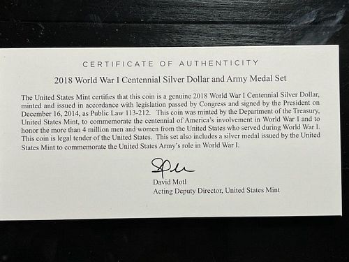 2018 World War I Centennial Silver Dollar And Army Medal Set W/Case,Box,& COA