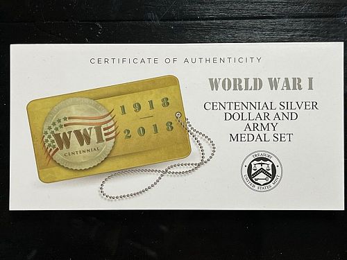 2018 World War I Centennial Silver Dollar And Army Medal Set W/Case,Box,& COA