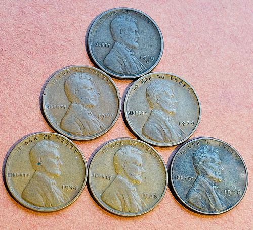 Six coin lot of Lincoln Wheat Cents - 1919-S, 1920, 1929,  1934, 1936, 1938