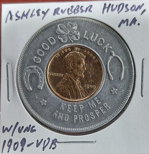 ✰ Encased Cent UNC 1909-VDB Apsley Rubber Co Hudson MA Lincoln Wheat 1c Good Luck