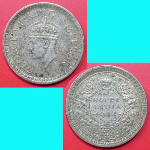 British India 1/2 Rupee 1944 b  KM# 552 Silver