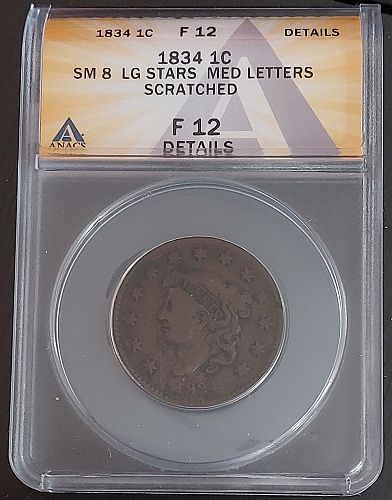 1834 1c Large Cent Small 8 Large Stars Medium Letters Coin Graded ANACS Fine Details
