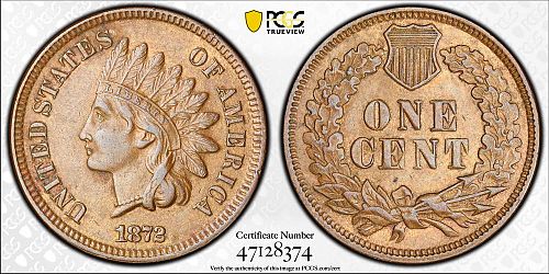 1872 Indian Cent PCGS/CAC AU-55, Snow-11, 1 In Neck
