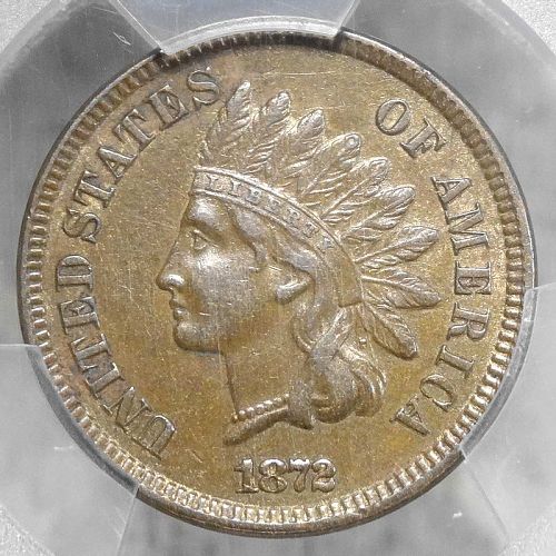 1872 Indian Cent PCGS/CAC AU-55, Snow-11, 1 In Neck