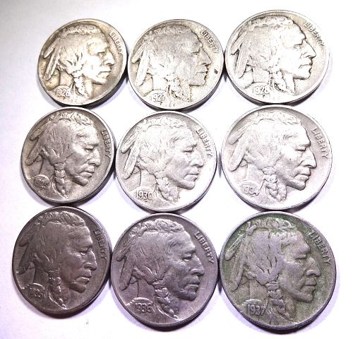 Lot Set of (9) Buffalo Nickels: 1926P 1927P 1928P 1929P 1930P 1934P 1935P 1936P 1937