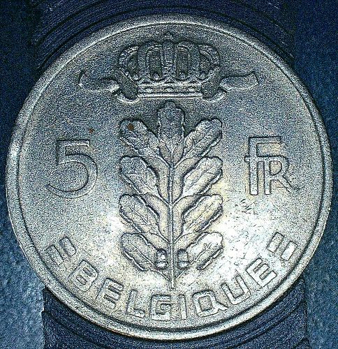 Belgium 5 Francs coin, 1949 copper-nickel Head of Ceres, Oak branch
