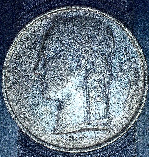 Belgium 5 Francs coin, 1949 copper-nickel Head of Ceres, Oak branch