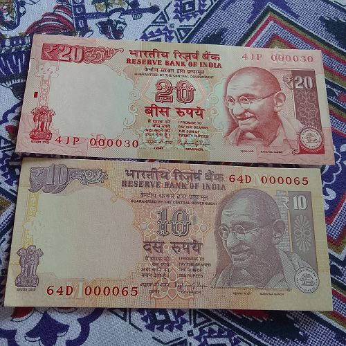 LOWER No. 000065  &  30  UNC  .INDIA...10+ 20 Rupees .. 2 Notes