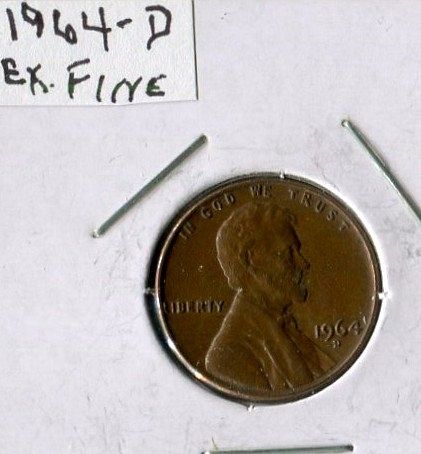 1964 - D  LINCOLN  CENT  -   EXTRA FINE -  2 x 2 Mount