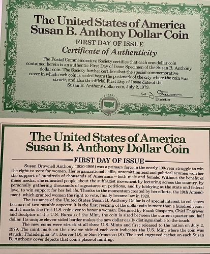 3 Coin Set 1979 Susan B. Anthony Dollar Coin P D & S First Day of Issue with COA