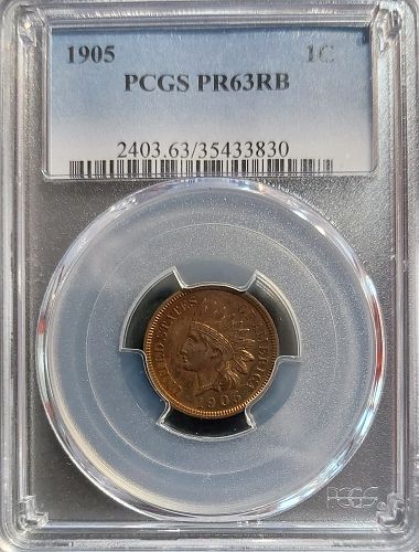 1905 PROOF Indian Head 1c Coin Graded PCGS PR63 RB Slabbed Sweet PF63 Low Mintage