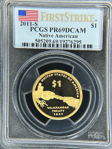 2011-S PCGS PR69 DCAM - First Strike Flag Label - Wampanoag Treaty - NA Dollar