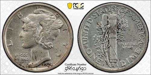 1924-D Silver Mercury Dime - PCGS AU Detail Cleaned - Better Date