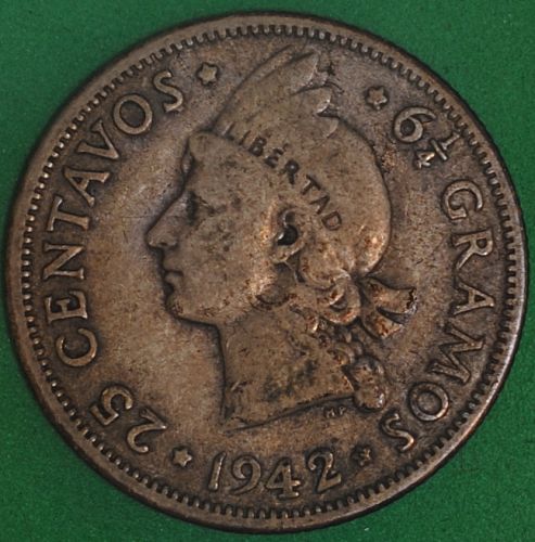 1942 Dominican Republic 25 Centavos VF
