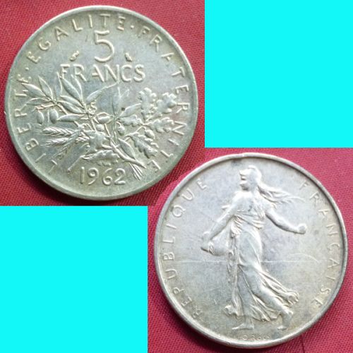 France French Francaise 5 Francs 1962 KM# 926 Silver 0.3221 oz