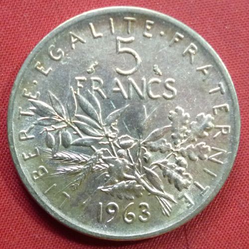 France French Francaise 5 Francs 1963 KM# 926 Silver 0.3221 oz