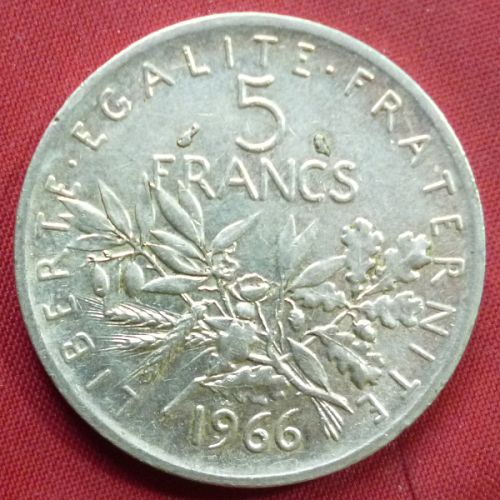 France French Francaise 5 Francs 1966 KM# 926 Silver 0.3221 oz