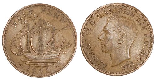 Europe:  United Kingdom - 1945 - Half Penny