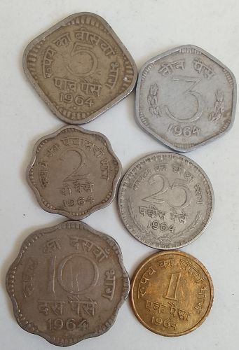 B)....1964 ...INDIA ..CIRCULATED....6 DIFFERENT..COINS