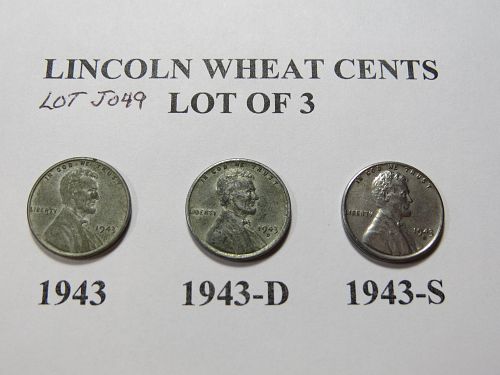 1943-P 1943-D 1943-S LINCOLN WHEAT CENTS - STEEL WW2 ERA - (LOT OF 3 CENTS) LOT J049