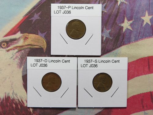 1937-P 1937-D 1937-S LINCOLN WHEAT CENTS  (LOT OF 3 Coins) LOT J036