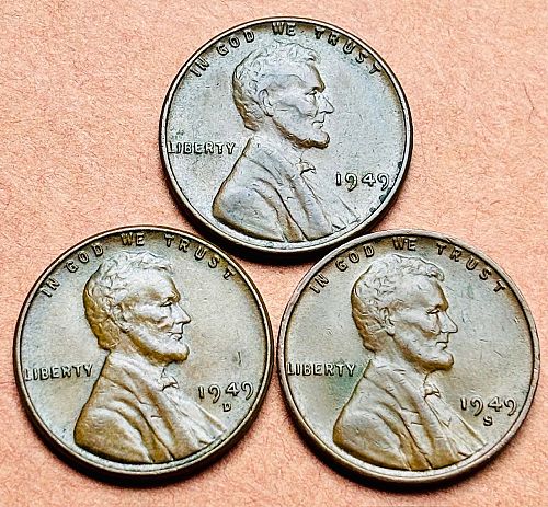 1949-P, 1949-D, 1949-S set of Lincoln wheat cents