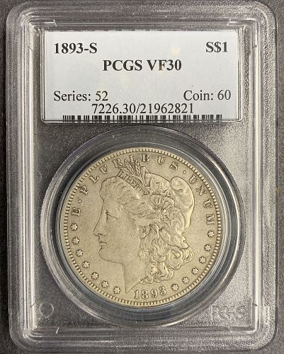 1893-S Morgan Silver Dollar, VF30 PCGS (9528)