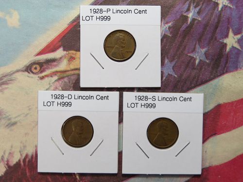 1928-P 1928-D 1928-S LINCOLN WHEAT CENTS  (LOT OF 3 Coins) LOT H999